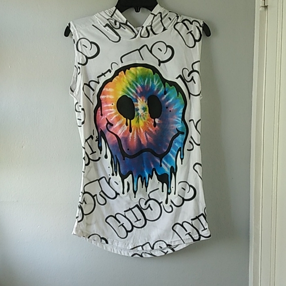 Men's Hustle Gang Sleeveless Trippy Tie-Dye Smiley Face T-Shirt - Picture 3 of 5